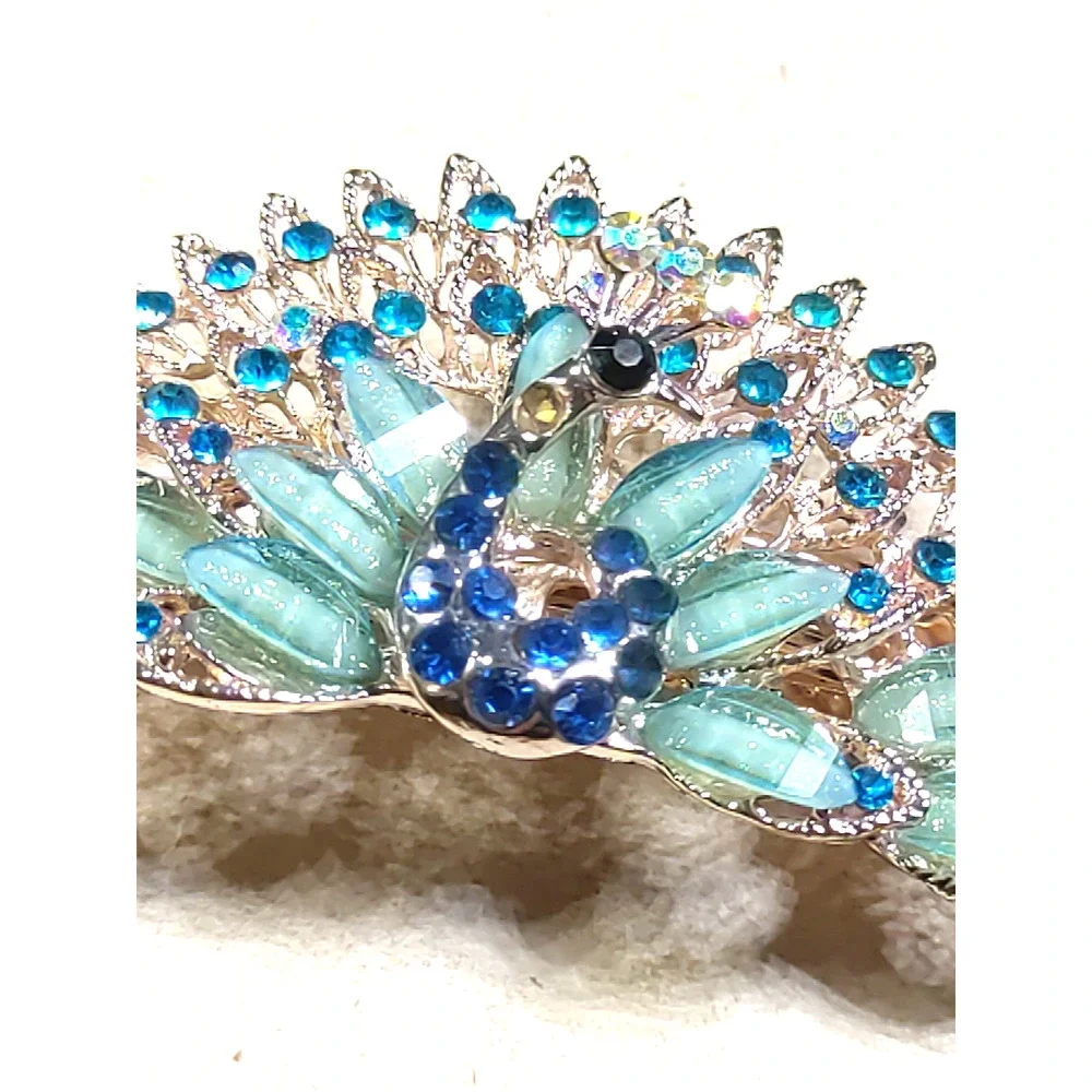 Large Peacock Hair Barrette Tension Clip Gold Tone Blue Rhinestone Flaw